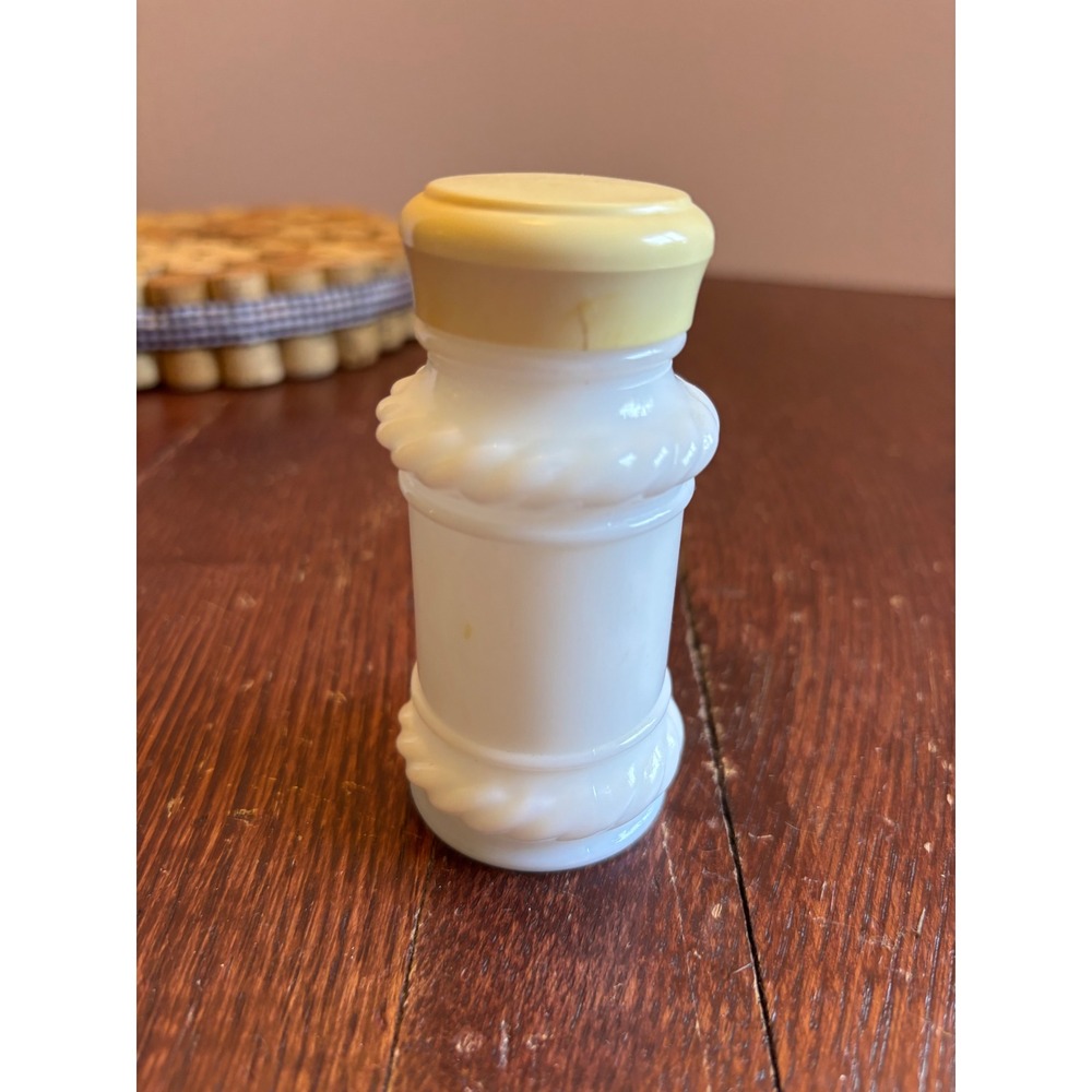 Vintage Milk Glass Shaker White Rope Twist Design Yellow Cap 3.5 Inch